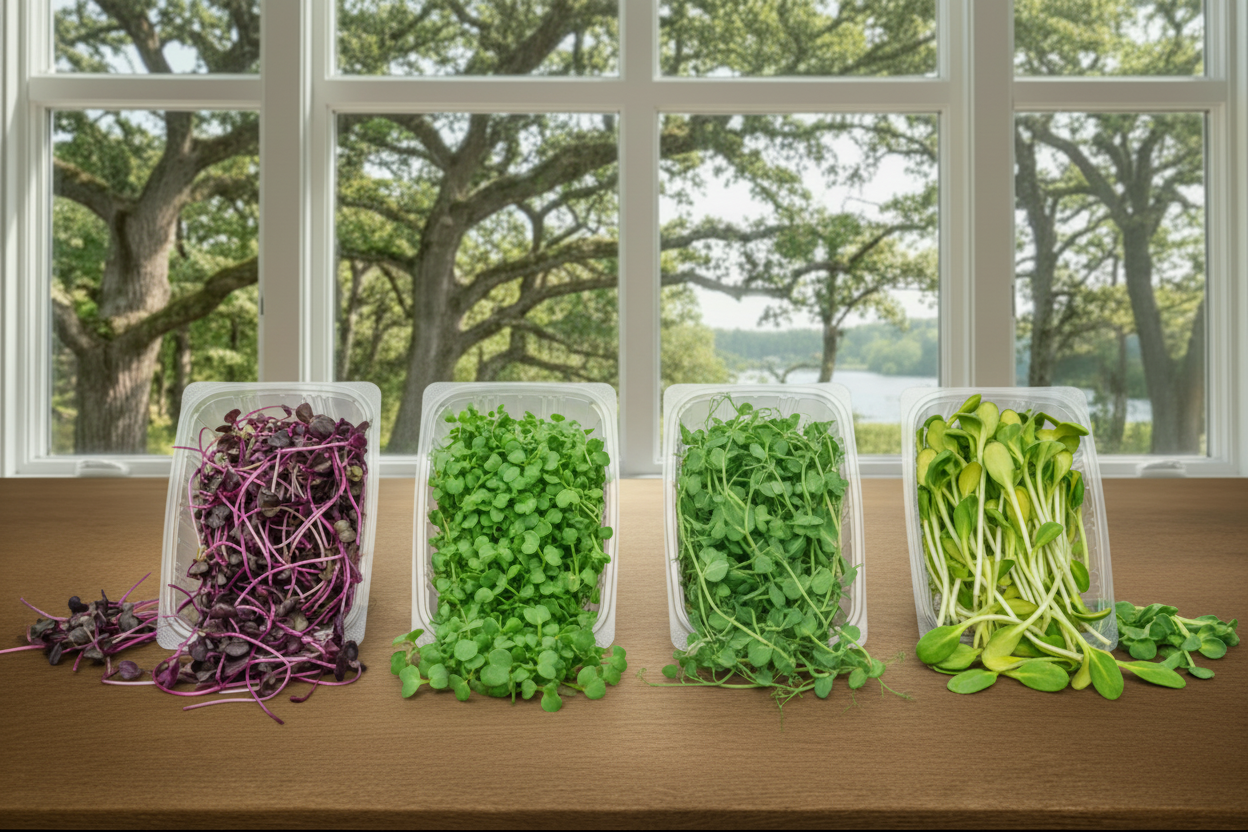 Bartonville Microgreens Product Line Up. Raddish, Broccoli, Peas, Sunflower microgreens