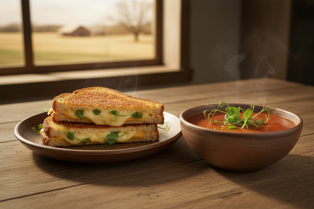 Pea Shoots Grilled Cheese and Tomato Soup